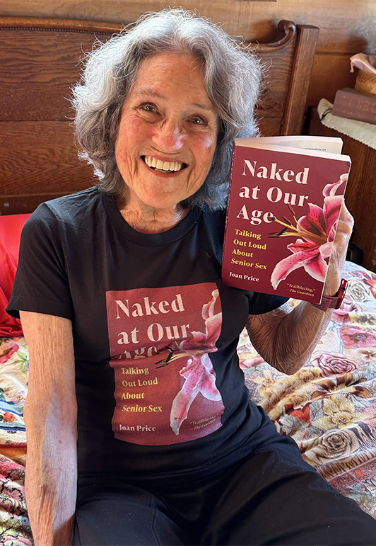 Joan Price in bed with the new Naked at Our Age book