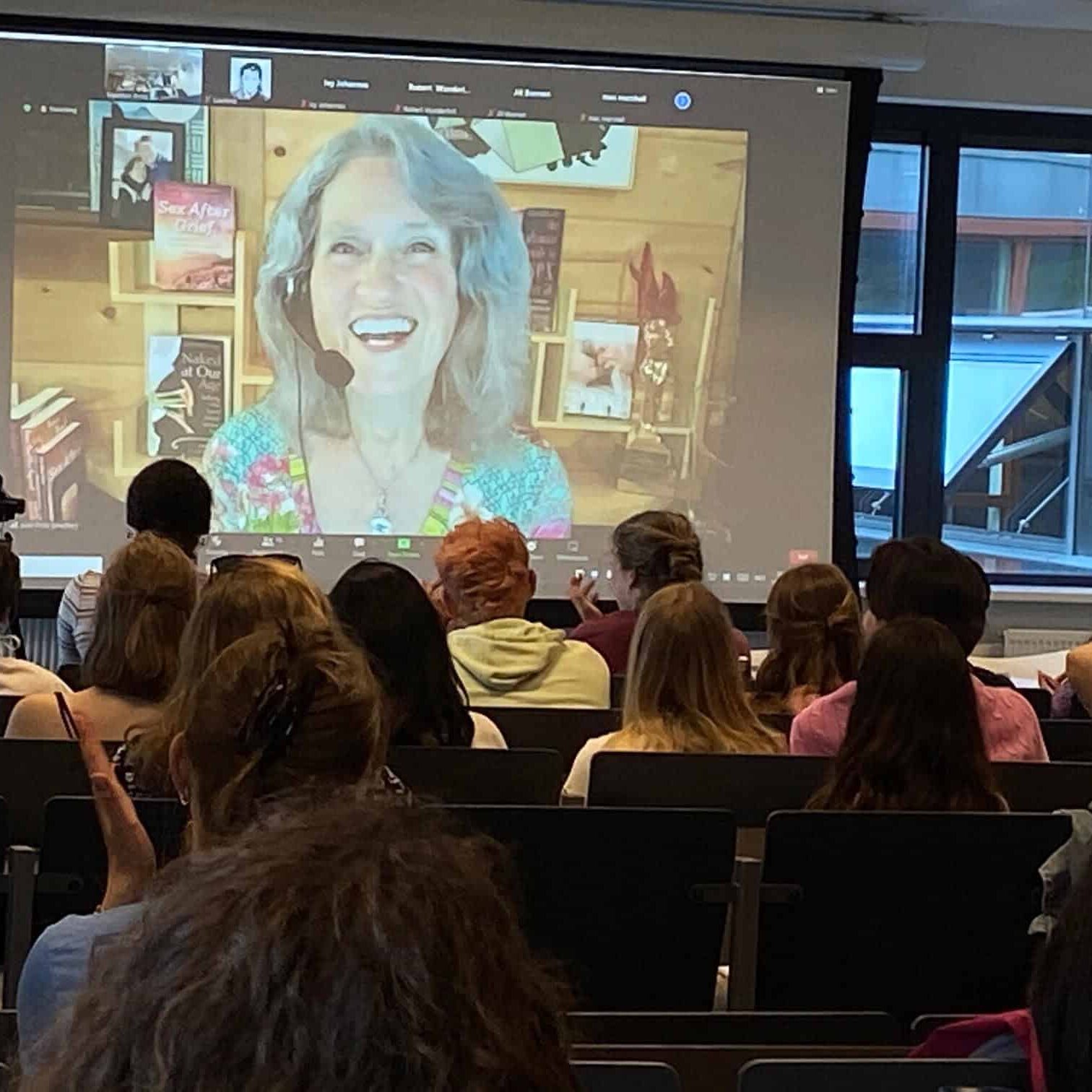 Joan Price on a virtual speaking engagement in Nijmegen, Netherlands