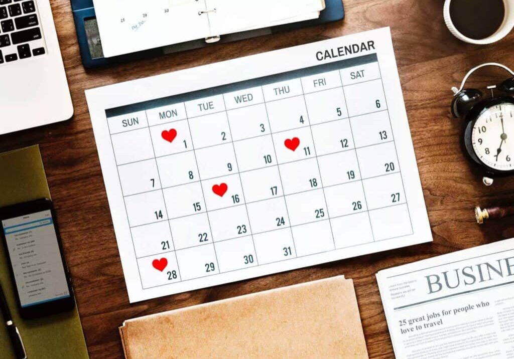 Calendar with hearts on it on days for scheduled sex.