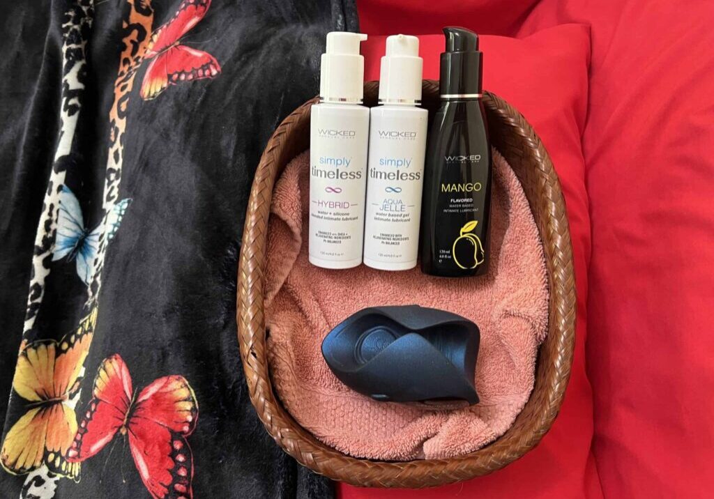 Basket of products designed to help with senior sex positions.